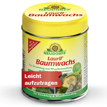 Eine gelbe Dose Lauril Baumwachs von Neudorff Shop für die Baumpflege und Wundbehandlung von Obst- und Zierbäumen, mit einem roten Etikett mit der Aufschrift "Leicht aufzutragen".