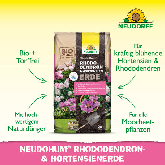 Ein Beutel NeudoHum Rhododendron & Hortensien Erde aus dem Neudorff Shop ist ausgestellt, mit einem Text, der auf die organischen Inhaltsstoffe, den hochwertigen Naturdünger und die Verwendung als Pflanzsubstrat für Rhododendren und Hortensien hinweist.