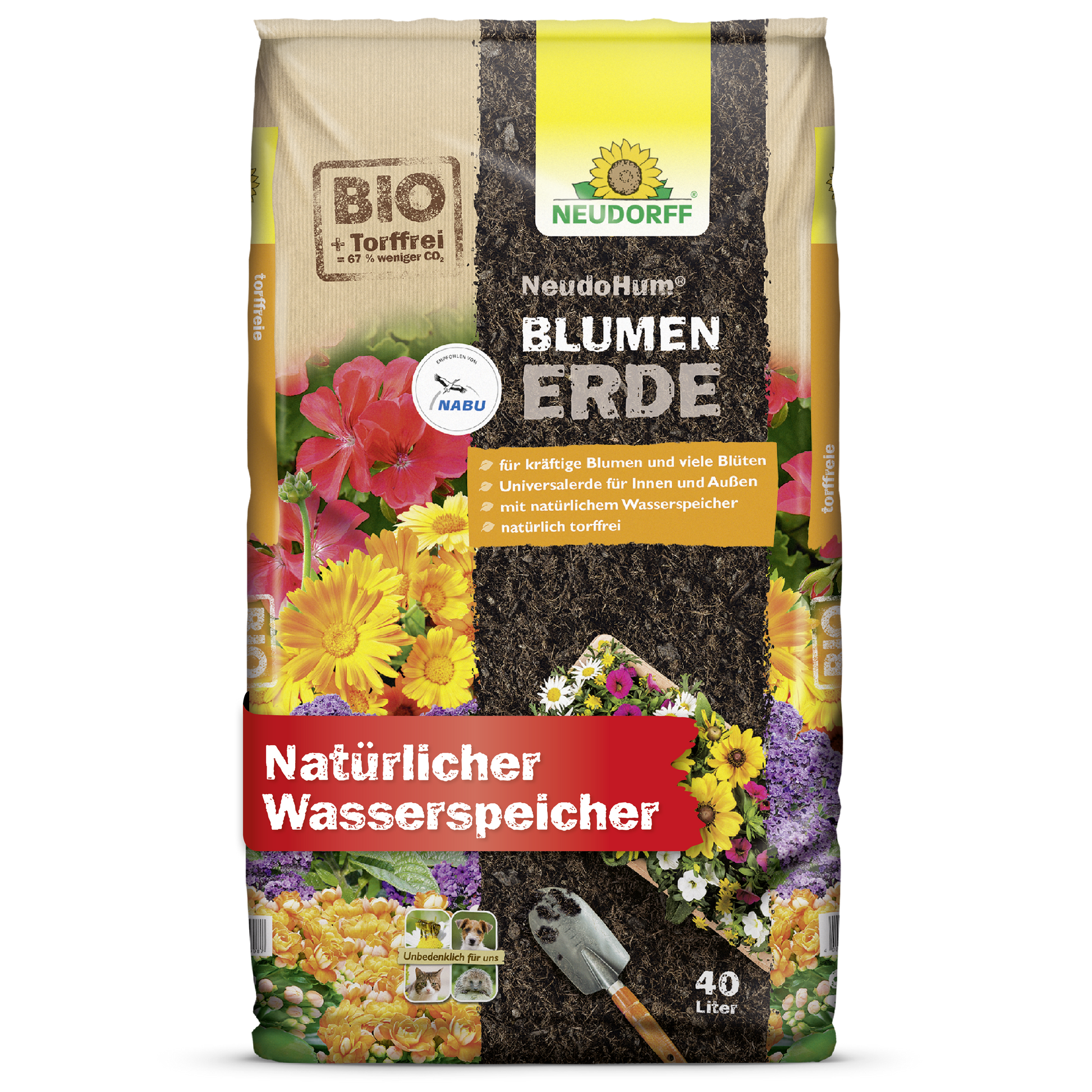 Ein 40-Liter-Beutel NeudoHum BlumenErde von Neudorff Shop mit Blumenmotiven, einer Kelle und Etiketten, die die Bioqualität und die natürliche Wasserspeicherung hervorheben - perfekt für Gartenpflanzen und hochwertiges Pflanzsubstrat.