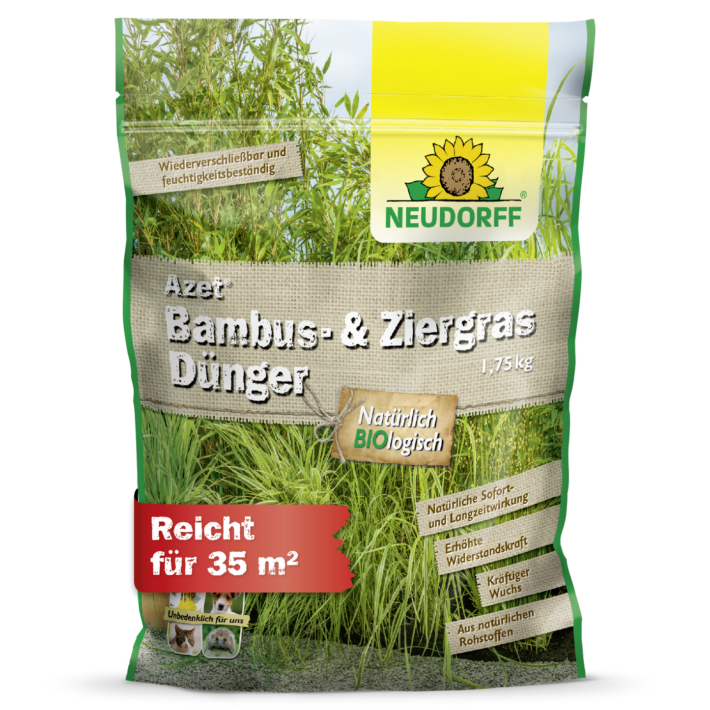 Azet Bambus- & ZiergrasDünger von Neudorff Shop: 1,75 kg für Gräser im Garten, organische Inhaltsstoffe, reicht für 35 m². Die grün-gelbe Verpackung mit Gras- und Bambusmotiv macht die Anwendung besonders einfach.