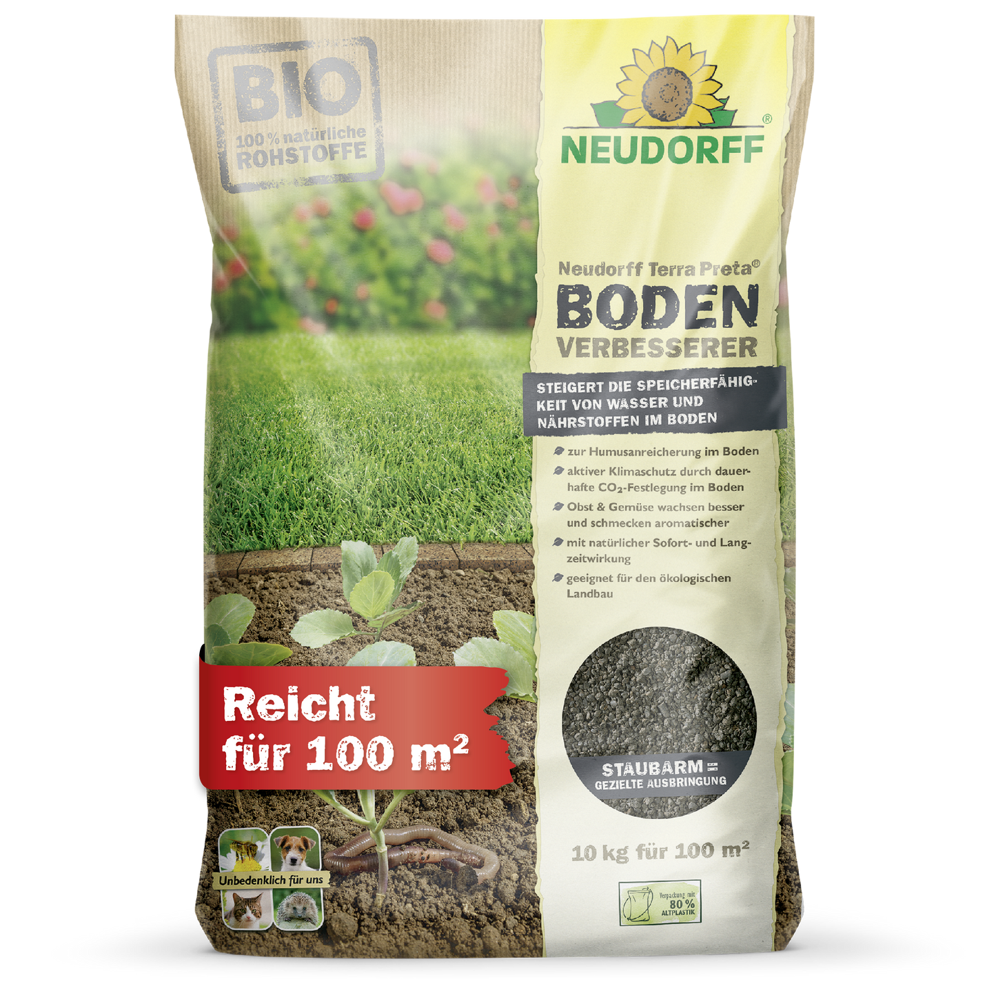 Der Terra Preta BodenVerbesserer von Neudorff Shop ist ein biologischer Bodenverbesserer für Rasen und Obst, geeignet für 100 m². Auf der Verpackung sind Produktinformationen und Bilder von Gras, Erde und Setzlingen abgebildet - perfekt, um Ihren Boden zu verbessern.