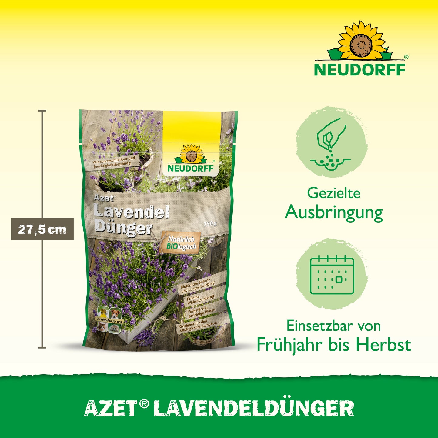Azet LavendelDünger von Neudorff Shop wird in einer 27,5 cm hohen, aufrecht stehenden Tasche geliefert, auf der Bilder von Lavendel mit blau-violetten Blüten und Produktinformationen abgebildet sind. Die Piktogramme zeigen, dass es sich um trockenheitstoleranten Lavendel von Frühjahr bis Herbst handelt.
