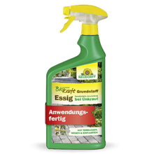 Eine grüne Sprühflasche mit der Aufschrift "Neudorff BioKraft Grundstoff Essig" aus dem Neudorff Shop, mit gelb/weißer Schrift, gelber Düse und einem roten "Anwendungsfertig"-Banner. Das Etikett zeigt Wege und Terrassen für unkrautfreie Flächen.