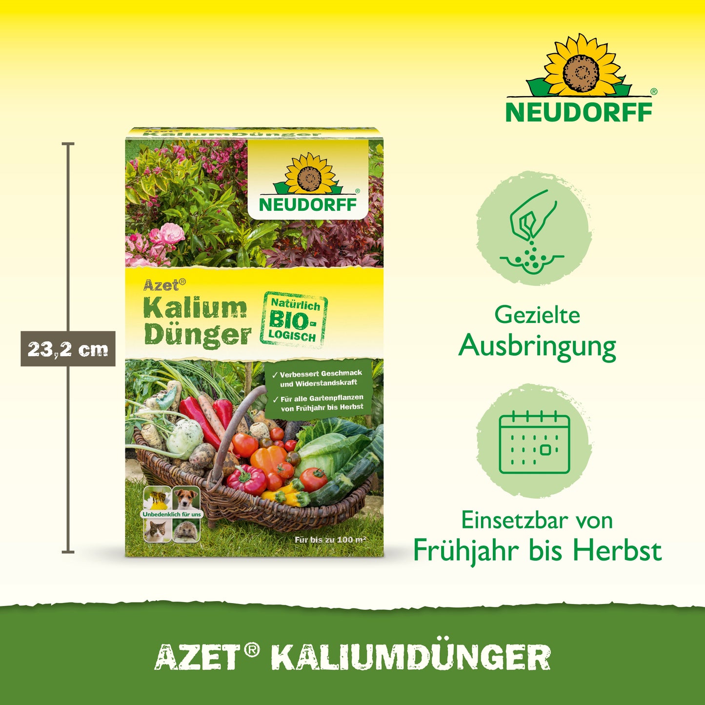 Eine Schachtel Azet KaliumDünger von Neudorff Shop ist mit Gemüse und Blumen abgebildet und zeigt, wie es die Pflanzen düngt und Kaliummangel vorbeugt. Der deutsche Text listet die Eigenschaften, die Verwendung und die Größe der Schachtel von 23,2 cm auf gelb-grünem Hintergrund auf.