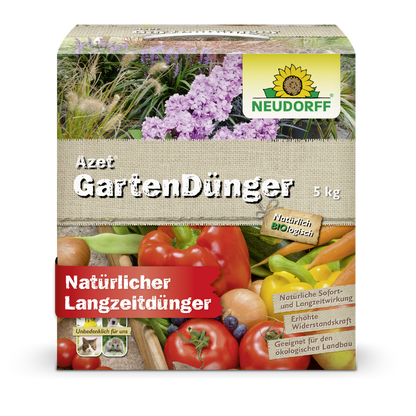 Eine 5 kg Kiste Neudorff Shop Azet GartenDünger, gekennzeichnet als natürlich und biologisch mit Bildern von Blumen und Gemüse, geeignet für die Verwendung als organischer Volldünger in der Gartenarbeit. Der Haupttext ist in Deutsch.