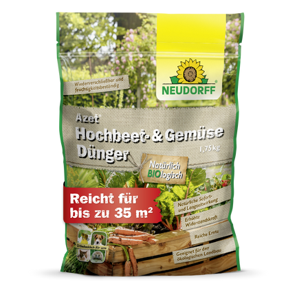 Ein 1,75-kg-Sack Neudorff Shop Azet Hochbeet- & GemüseDünger steht aufrecht in einer grün-beigen Verpackung mit Gemüse, einem Hochbeet und einem Text, der auf die Verwendung für Gemüse und Kräuter und seine Bio-Qualitäten hinweist.