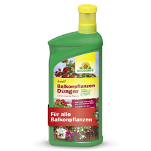 Eine grüne Flasche Neudorff Shop Azet BalkonpflanzenDünger flüssig mit gelber Kappe ist mit einem Etikett mit Blumen und deutschem Text versehen, ideal für alle Balkonpflanzen wie Sommerblumen und Balkonkästen.