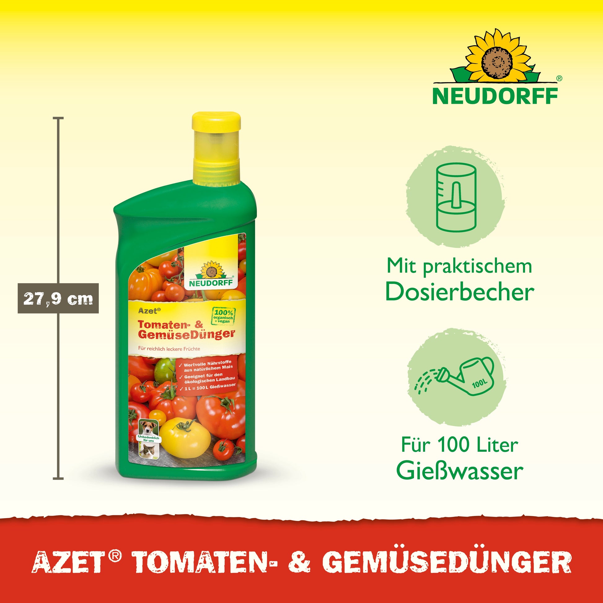 Abgebildet ist eine 27,9 cm große grüne Flasche Neudorff Shop Azet Tomaten- & GemüseDünger flüssig mit einem Messbecher, geeignet für bis zu 100 Liter Gießwasser für Tomaten und Balkongemüse.
