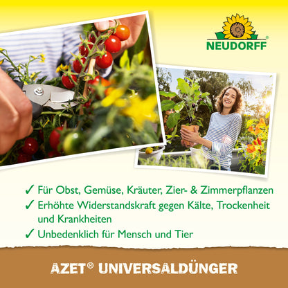 Eine Person schneidet einen Tomatenstängel mit einer Gartenschere, während eine andere lächelnd eine Topf-Tomatenpflanze hält. Text und Grafik heben den Azet UniversalDünger flüssig von Neudorff Shop für verschiedene Pflanzen hervor.