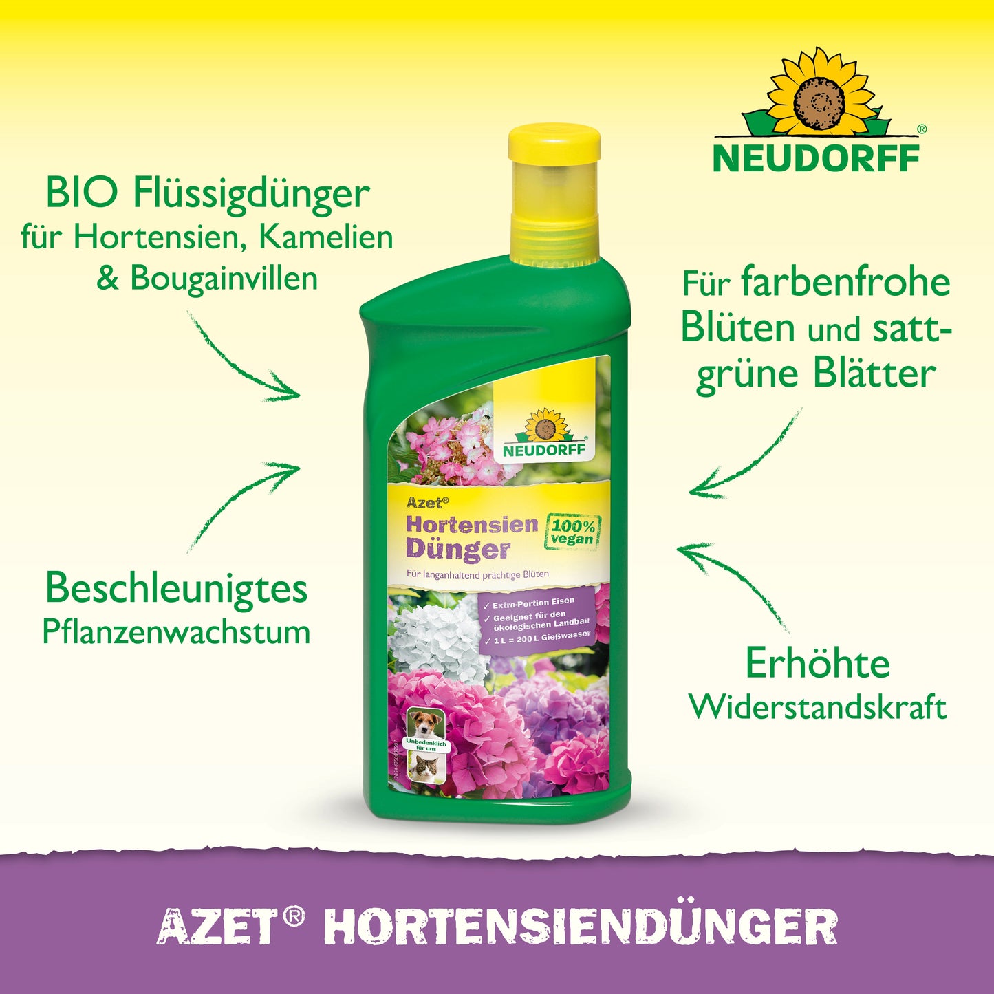Eine grüne Flasche Neudorff Shop Azet HortensienDünger flüssig mit Hortensien auf dem Etikett und einem Text, der seine Vorteile als organischer Dünger für lebendige Blüten und üppiges Laub anpreist.