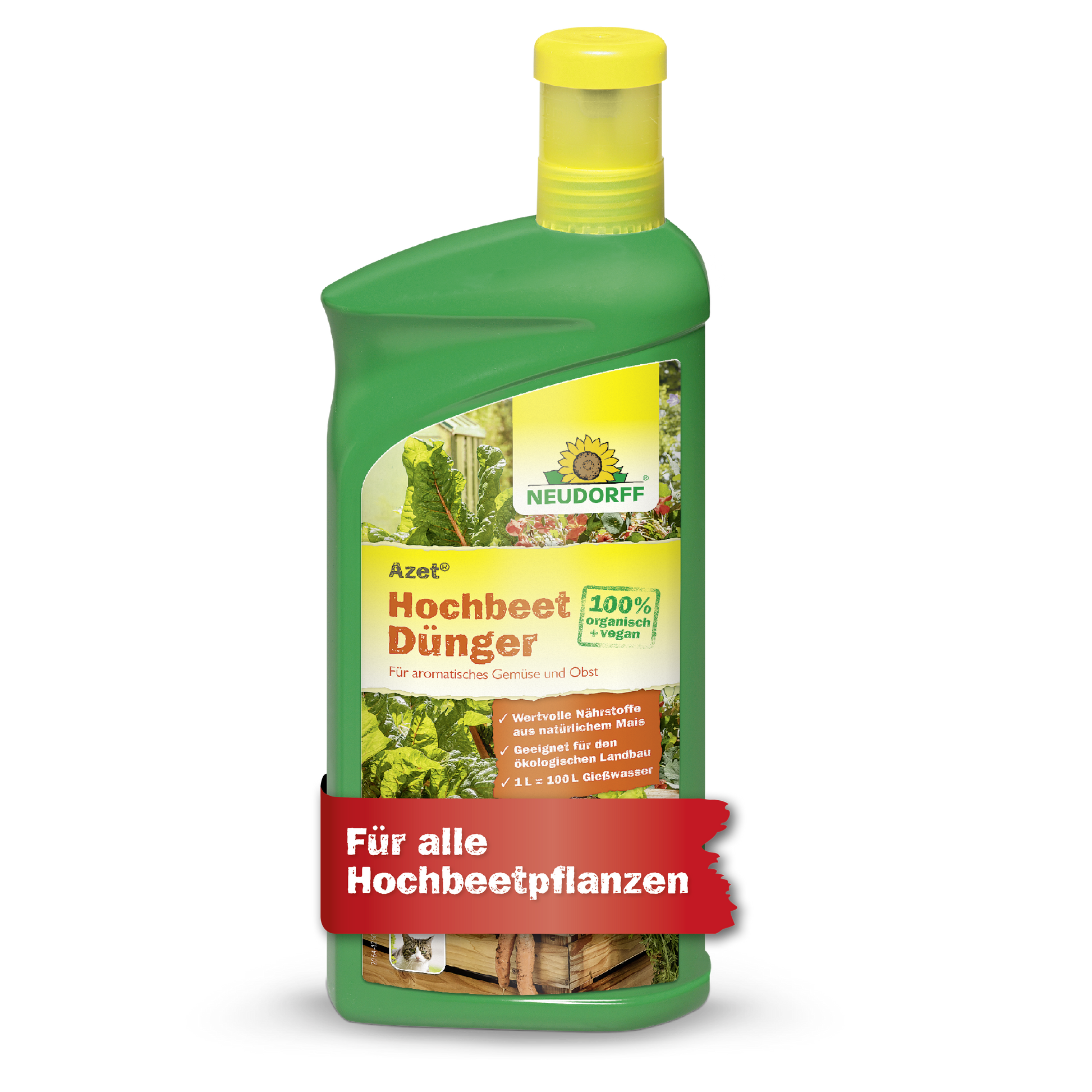 Eine grüne Plastikflasche von Neudorff Shop Azet HochbeetDünger flüssig mit gelbem Verschluss, beschriftet mit 100% Bio, nährstoffreich, ideal für Hochbeetpflanzen und mit Gemüse auf der Vorderseite.