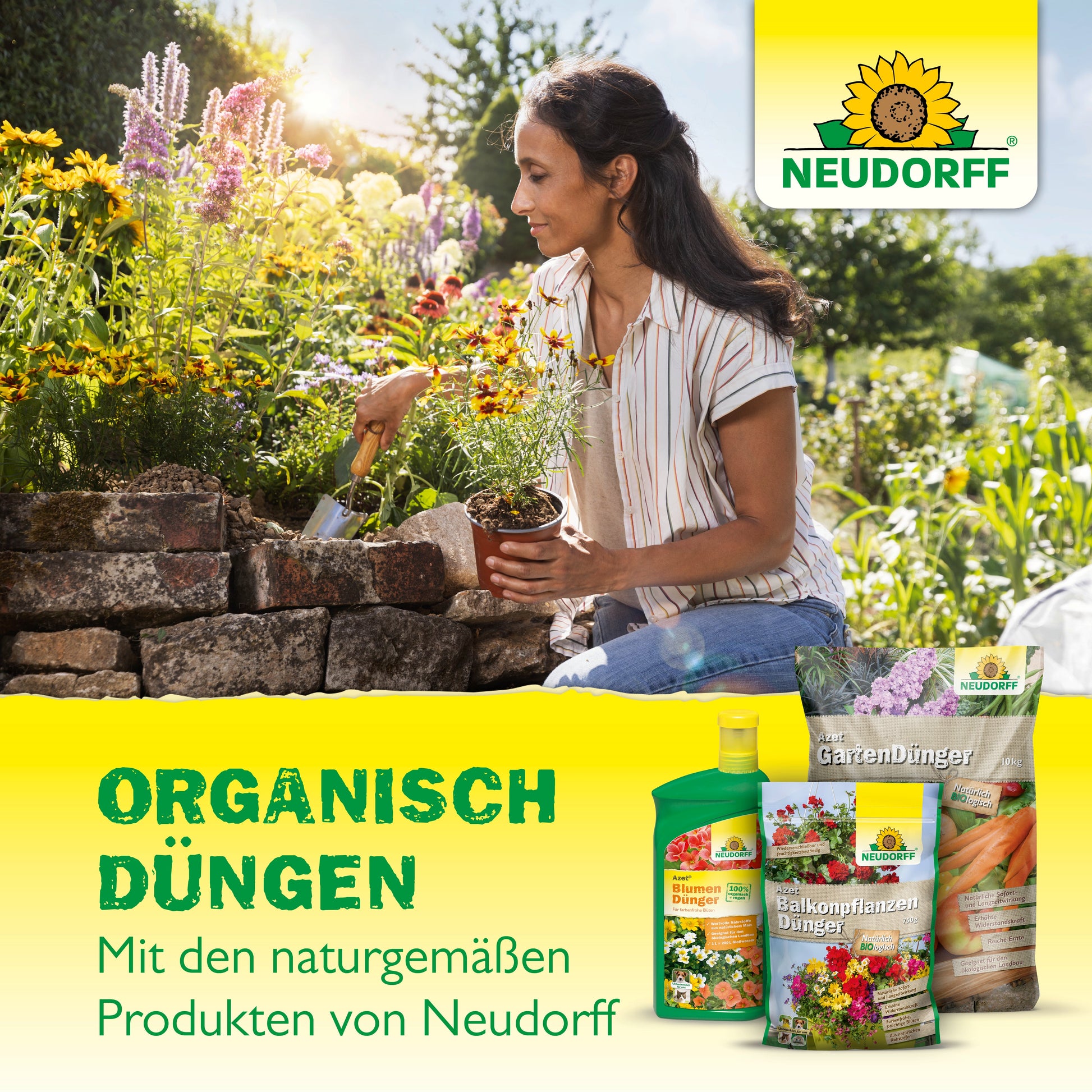 Eine Frau kniet vor einem steinernen Gartenbeet und pflanzt Blumen. Im Vordergrund ist Azet OrchideenDünger flüssig aus dem Neudorff Shop zu sehen. Der deutsche Text wirbt für die biologische Pflege der beeindruckenden Blüten mit den Naturprodukten von Neudorff.
