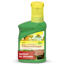 Eine grüne Plastikflasche von Neudorff Shop Azet Zitrus- & MediterranpflanzenDünger flüssig mit gelber Kappe, 100% vegan, aus 90% recyceltem Material, ideal für Zitronen, Oleander und andere mediterrane Pflanzen.