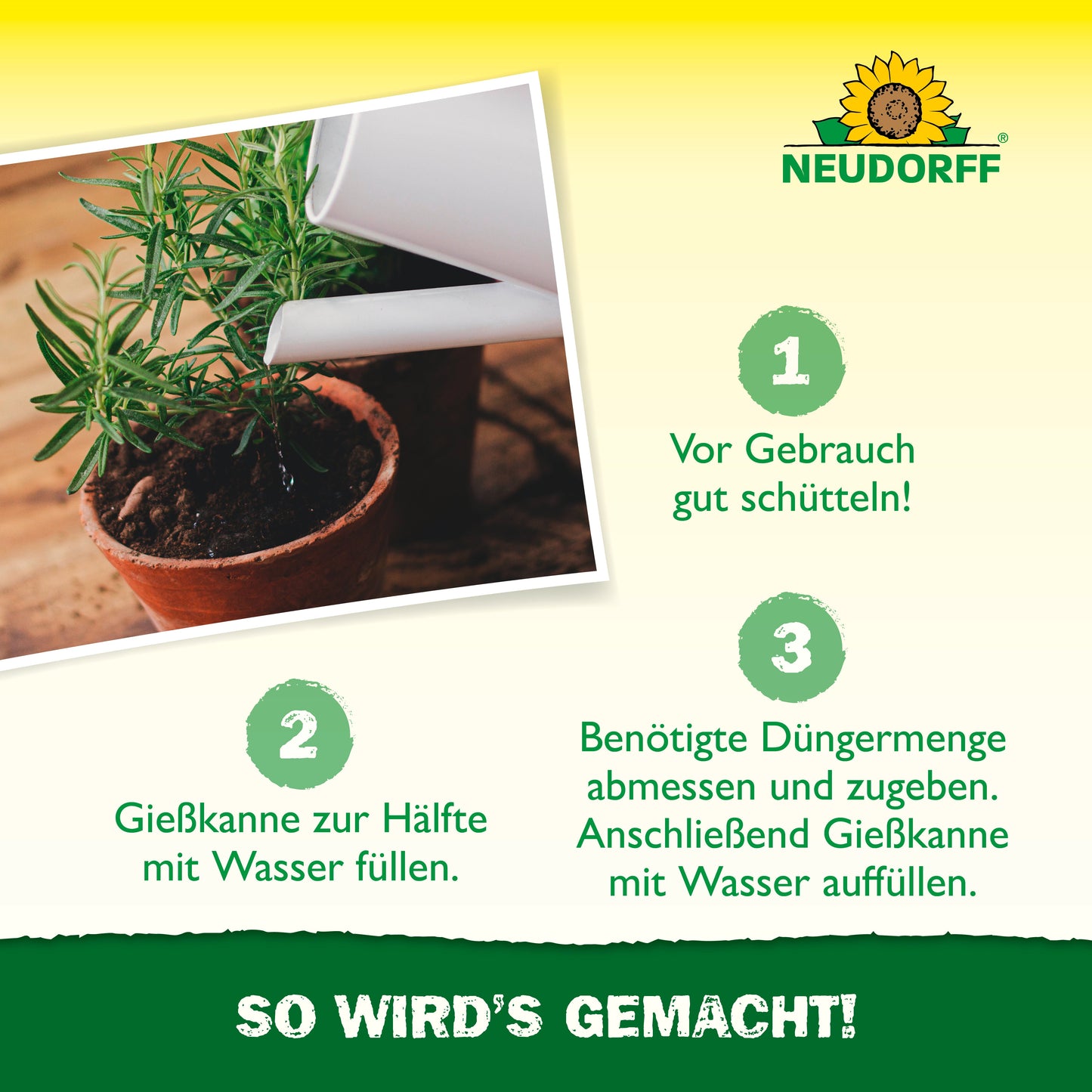 Eine grün-gelbe Neudorff-Shop-Grafik zeigt eine Hand, die einen getopften Rosmarin mit Azet KräuterDünger flüssig gießt, eine Schritt-für-Schritt-Anleitung zum Mischen und den Text "SO WIRD'S GEMACHT!" am unteren Rand.