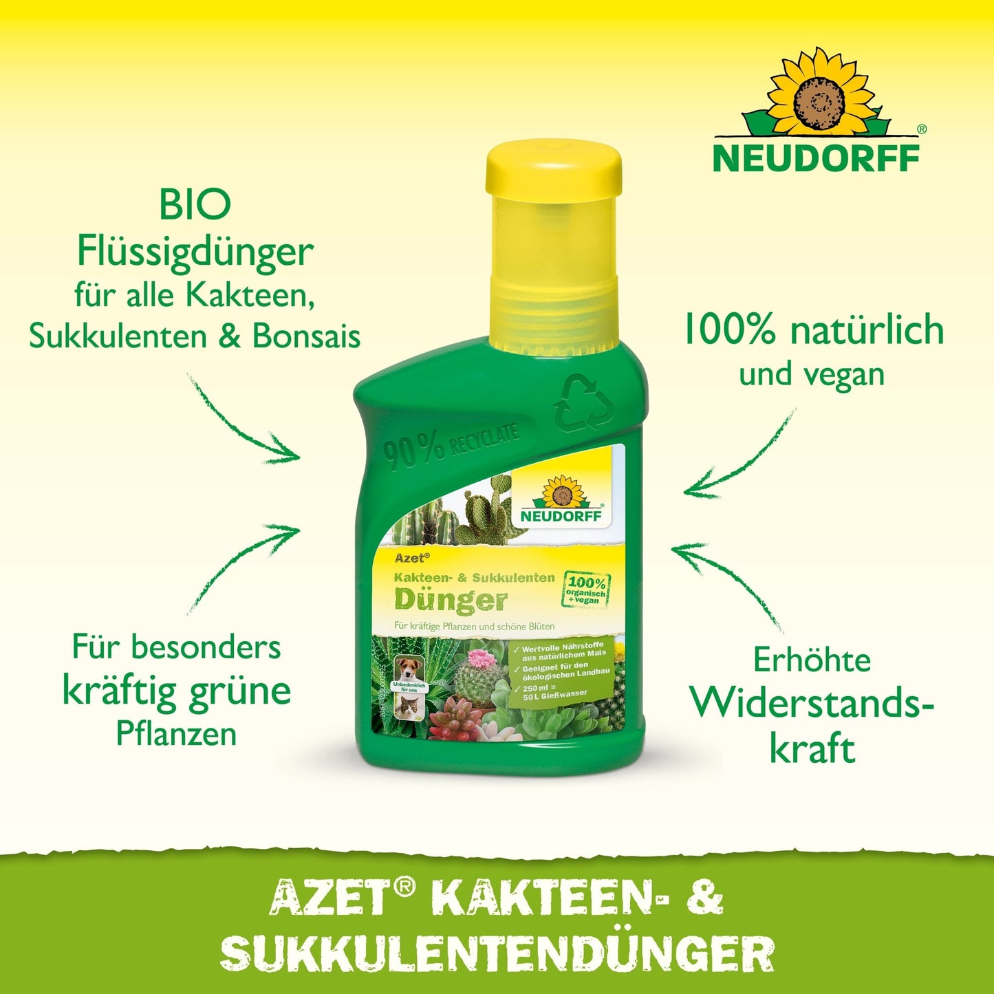 Una bottiglia verde di Neudorff Shop Azet Fertilizzante liquido per cactus e succulente con un tappo giallo, etichettata come biologica, naturale e vegana, oltre a un testo che esalta i benefici per la salute delle piante.