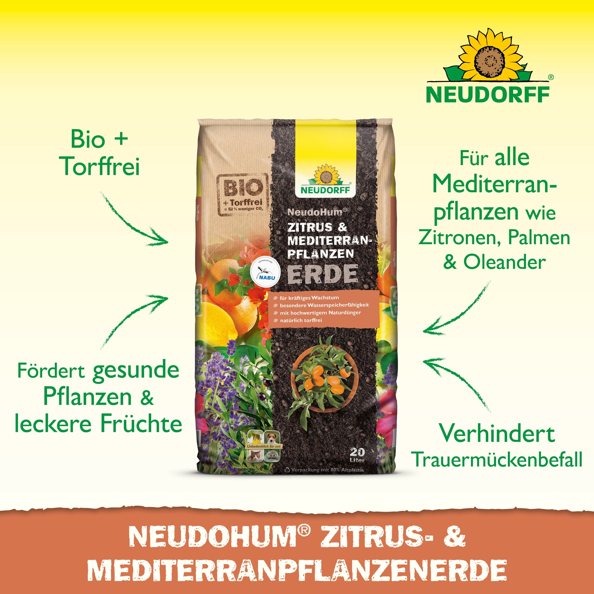 Ein Beutel der Neudorff Shop NeudoHum Zitrus- & MediterranpflanzenErde steht aufrecht. Torffrei, fördert sie gesunde Pflanzen, verhindert Trauermücken - ideal für Ihren Urban Jungle auf Balkon und Terrasse und perfekt für Zitronen und Oleander.