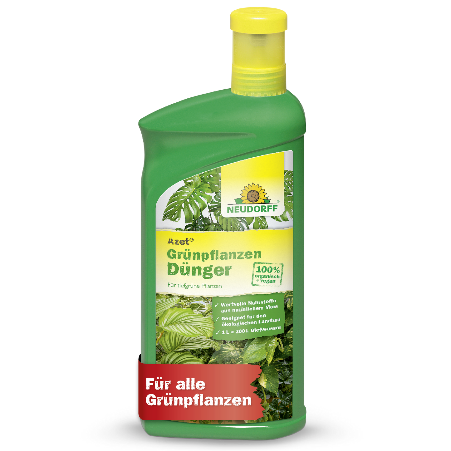Eine grüne Plastikflasche von Neudorff Shop Azet GrünpflanzenDünger flüssig mit einer gelben Kappe. Auf dem Etikett sind üppige grüne Pflanzen und ein deutscher Text zu sehen, der zeigt, dass es sich um einen Dünger handelt, der wichtige Nährstoffe zur Unterstützung gesunder Grünpflanzen liefert.