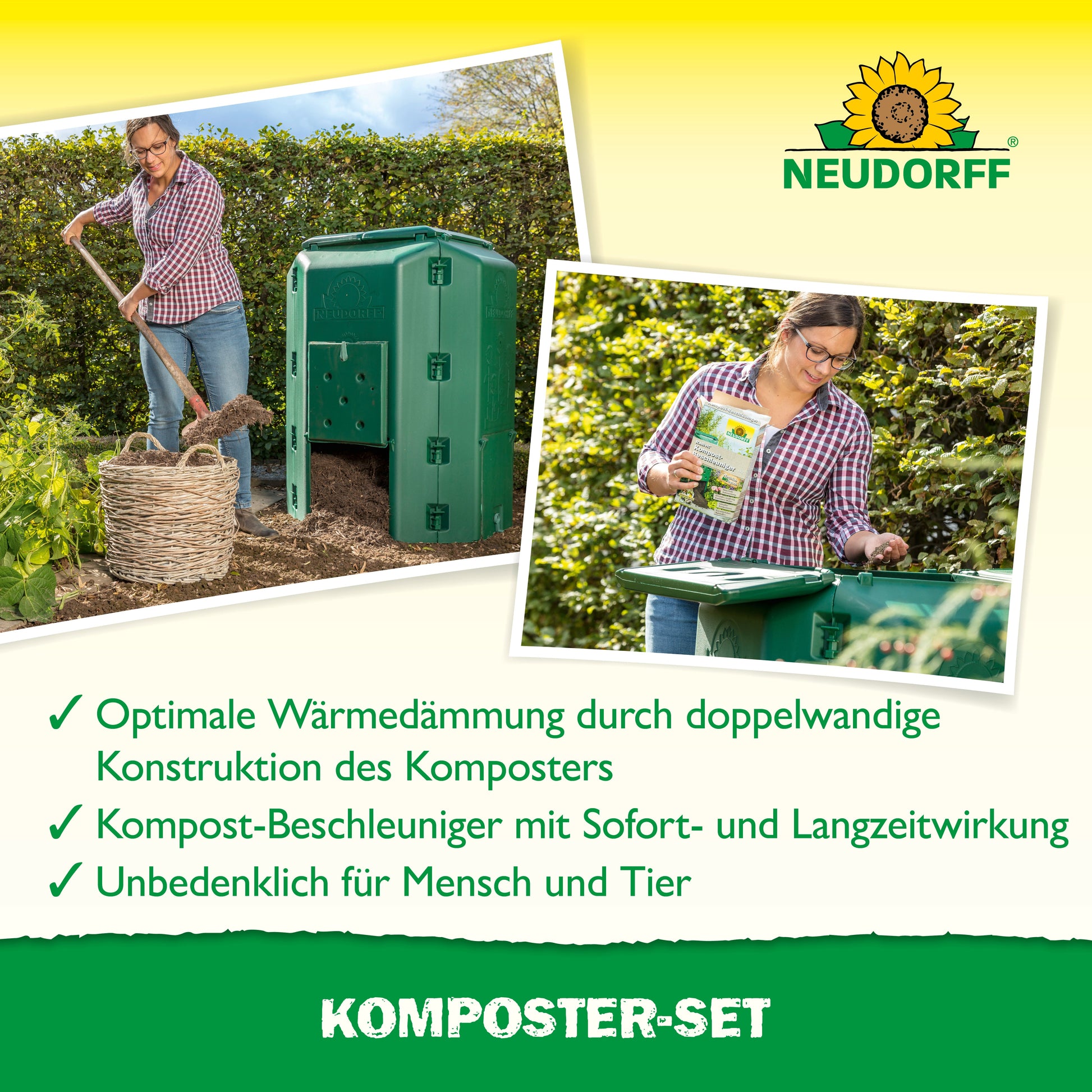 Eine Frau füllt mit einer Heugabel eine grüne Komposttonne in einem Garten und zeigt, wie das Neudorff Shop Komposter-Set verwendet wird. Ein Bildausschnitt zeigt, wie sie Kompostbeschleuniger hinzufügt. Deutscher Text und der Schriftzug Neudorff Shop erscheinen im Bild.