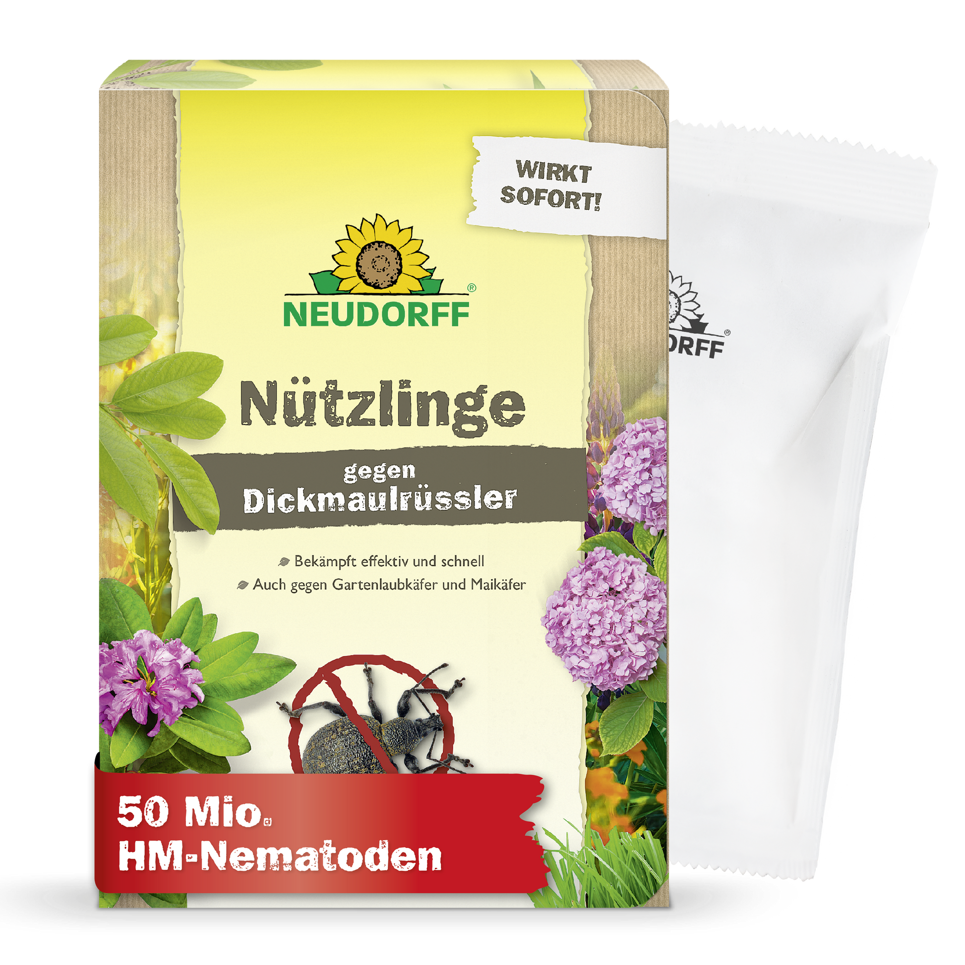 Eine Schachtel Neudorff Shop Nützlinge gegen Dickmaulrüssler zur Schädlingsbekämpfung, mit Blumen- und Käferbildern, ideal zur Bekämpfung von Schädlingen im Garten oder Engerlingen. Ein weißes Päckchen ist teilweise hinter der Schachtel sichtbar.