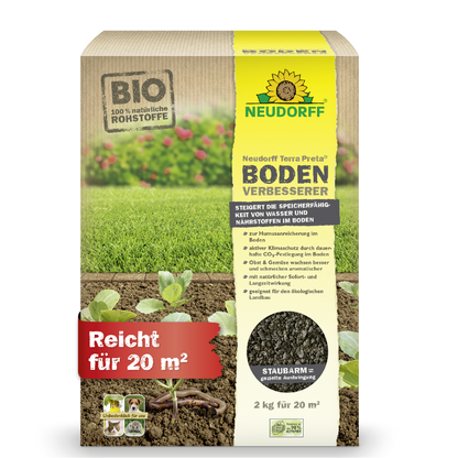 Der 2 kg Terra Preta BodenVerbesserer von Neudorff Shop deckt 20 m² ab und ist ideal zur Verbesserung von Rasen-, Obst- und Gemüseböden. Die deutsche Verpackung zeigt Setzlinge, Erde, BIO-Zertifizierung und ein Staubarm-Symbol.