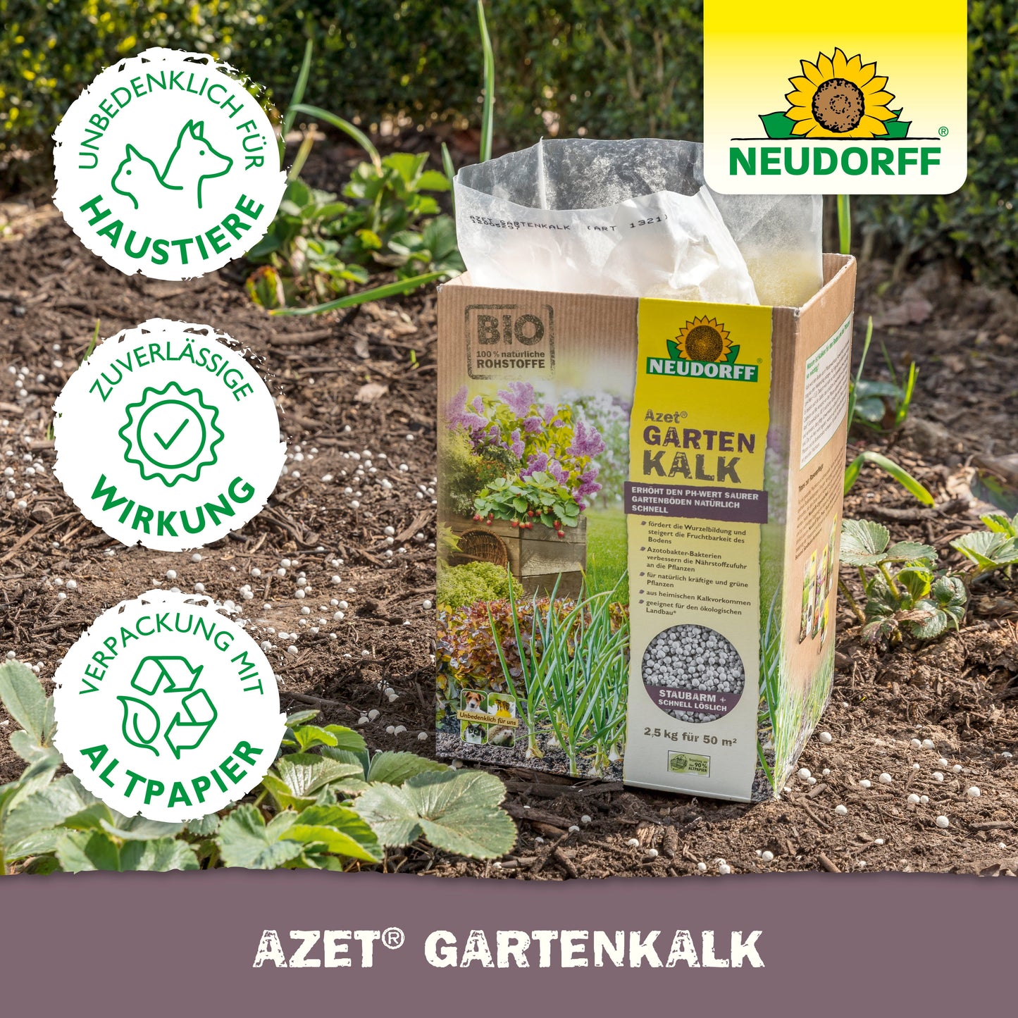 Azet GartenKalk aus dem Neudorff Shop zeigt ein Gartenbild und gibt Tipps zum Ausgleich des pH-Wertes im Boden und zum Umgang mit sauren (sauren) Böden.
