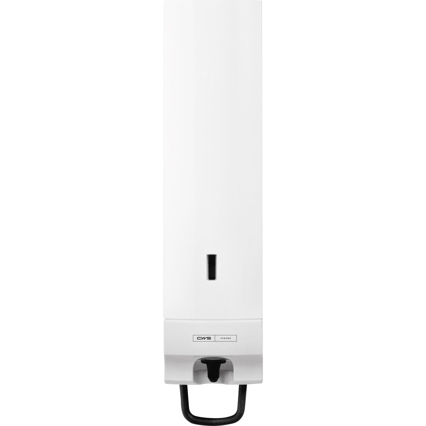 Le distributeur de mousse de savon CWS ParadiseLine Foam Slim, y compris le panneau en blanc, est un distributeur mural avec fenêtre de visualisation et poignée noire. Parfait pour un lavage des mains hygiénique, avec le logo de la marque "CWS" sur le devant.