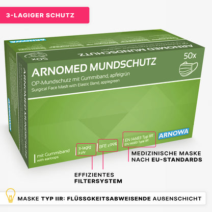 Eine grüne Schachtel mit der Aufschrift ARNOWA GmbH ARNOMED MUNDSCHUTZ TYP IIR OP-Mundschutz mit Gummibändern Typ IIR" enthält 50 Einwegmasken mit 3-Lagen-Schutz, Flüssigkeitsresistenz und Einhaltung der EU-Normen.