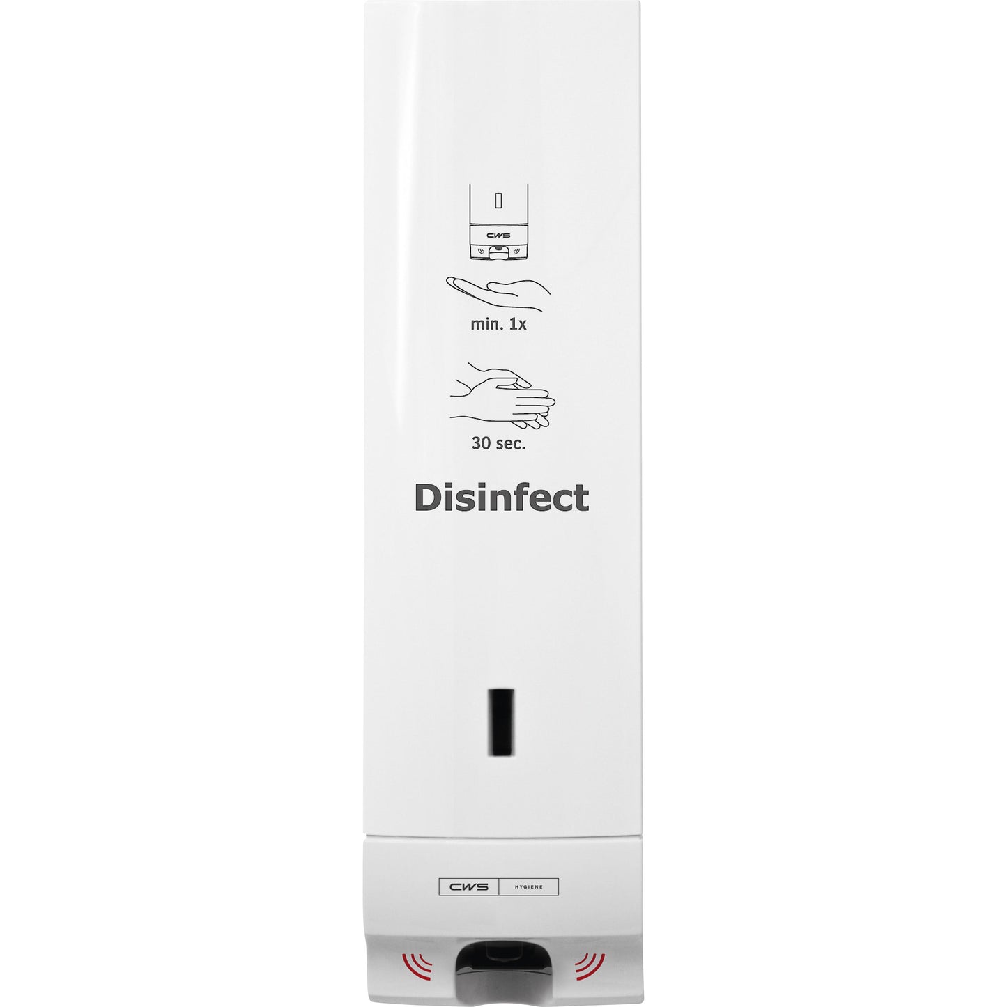 Il distributore di disinfettante CWS ParadiseLine Disinfect Non touch, con pannello bianco, è un distributore di disinfettante bianco a parete senza contatto di CWS con adesivo "Disinfect" e istruzioni illustrate per una pompa e disinfezione delle mani di 30 secondi.