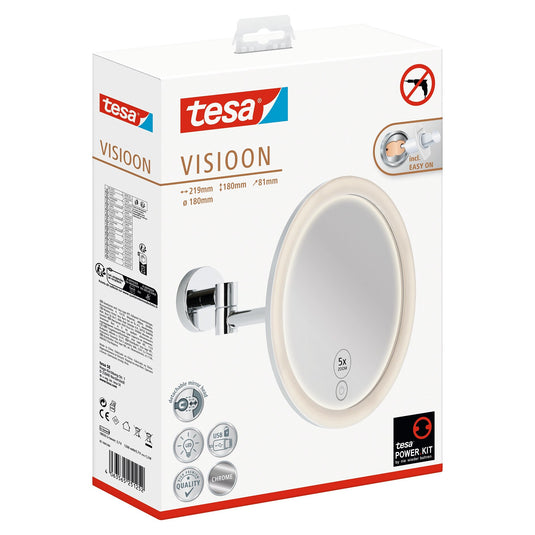 tesa VISIOON LED Cosmetic Mirror with Swivel Arm, Self-Adhesive, Chrome-Plated Metal, Chrome-Colored Plastic