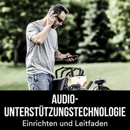 A man in a gray T-shirt and sunglasses adjusts his 3M™ WorkTunes™ Connect Hearing Protector 90543E Bluetooth® (SNR 31 dB, Black) from 3M Deutschland GmbH while outdoors near equipment looking at a smartphone. German text: "Audio Support Technology Setup and Guide.