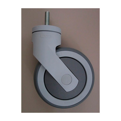 Ein einzelnes Protect Trolley Ersatzrad von Diversey Deutschland GmbH & Co. OHG, grau mit Gewindestift, steht vertikal auf einem schlichten, hellbraunen Hintergrund. Die Packung enthält 1 Stück.