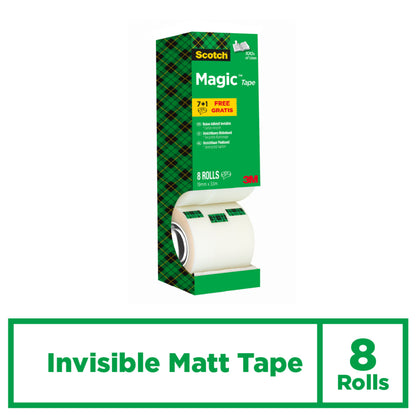 Abgebildet ist eine grüne Schachtel Scotch® Magic™ Unsichtbares Klebeband, Vorteilspack 8 Rollen (19 mm x 33 m) der 3M Deutschland GmbH mit einem karierten Design, dem Text "Invisible Matt Tape" und dem 3M-Logo unten rechts.