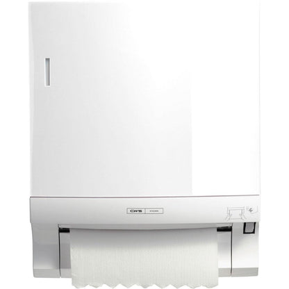 Alla parete è montato un dispenser di asciugamani di carta a rotolo CWS ParadiseLine Paperroll (bianco, 1 pezzo). Una striscia di carta pende fuori, la finestra di visualizzazione stretta e un'icona in basso a destra rappresentano un'asciugatura delle mani igienica.