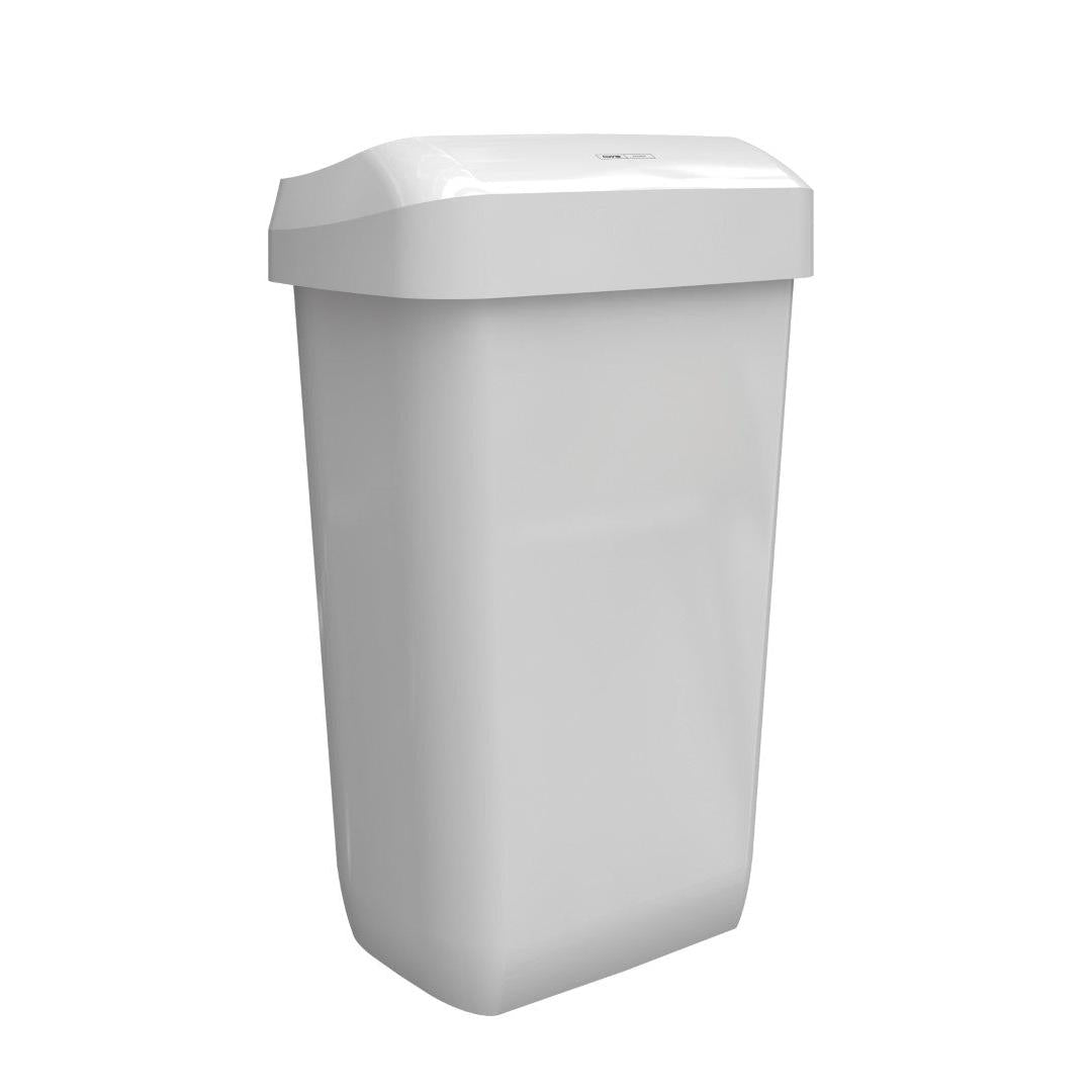 L'image montre une poubelle rectangulaire CWS ParadiseLine Paper Bin blanche (23 l) de CWS avec un couvercle légèrement bombé devant un fond blanc simple.