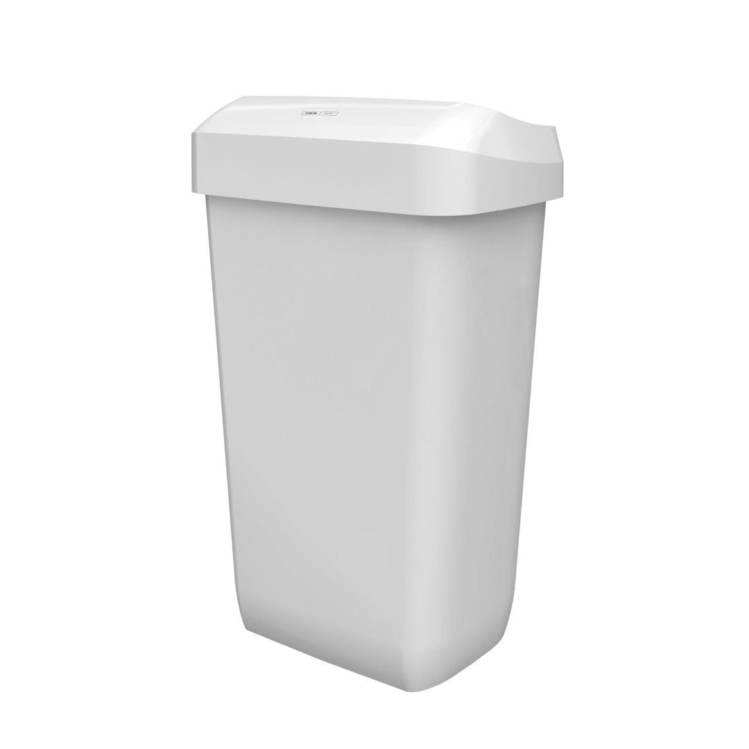 La poubelle CWS ParadiseLine Paper Bin (Blanc, 23 l) se distingue par un design moderne et minimaliste avec des bords lisses et un couvercle fermé. Le conteneur en plastique rectangulaire blanc de CWS est représenté sur un fond blanc simple.
