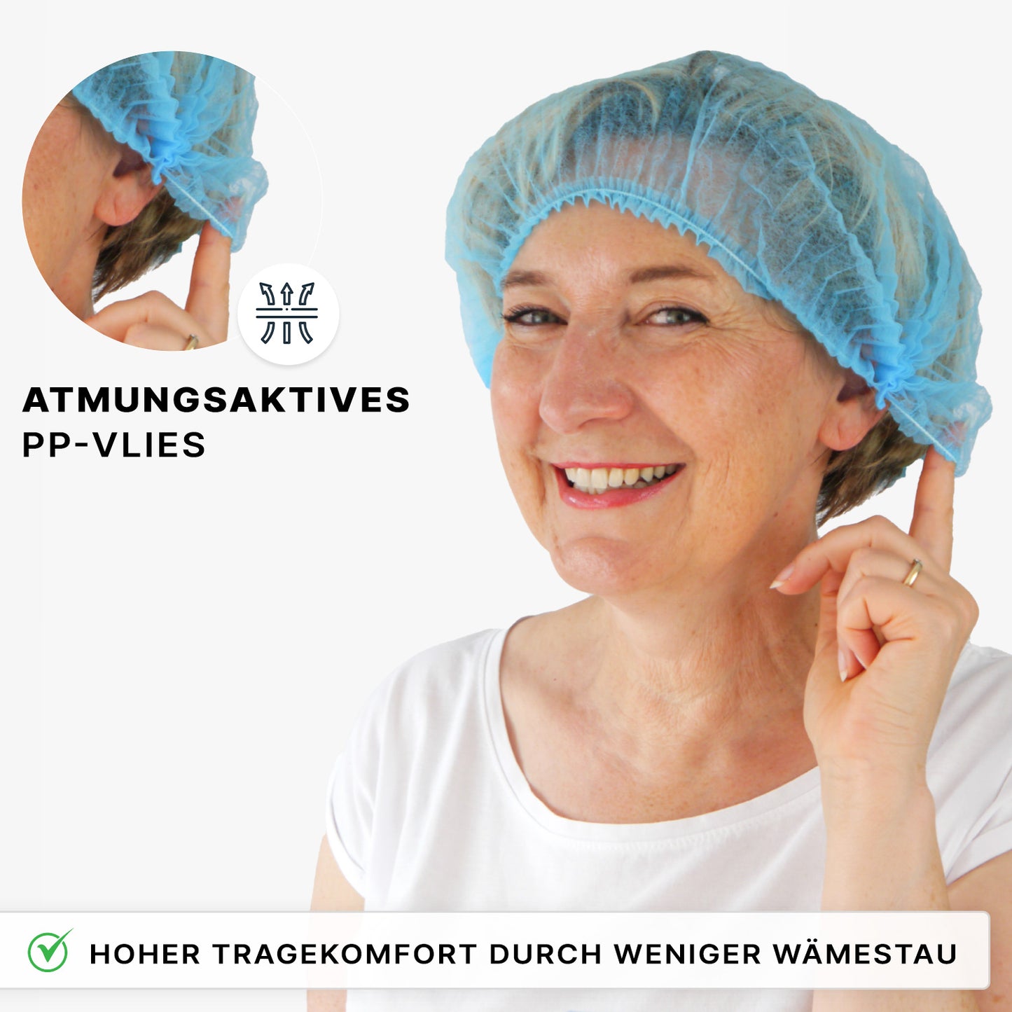 A smiling woman in a white shirt touches the ARNOMED COVER PP-CLIP CAP XL (55cm, ARNOWA GmbH). Text: "Breathable PP fleece" and "High wearing comfort through less heat build-up. Perfect for hygiene.