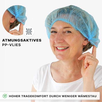 A smiling woman in a white shirt touches the ARNOMED COVER PP-CLIP CAP XL (55cm, ARNOWA GmbH). Text: "Breathable PP fleece" and "High wearing comfort through less heat build-up. Perfect for hygiene.