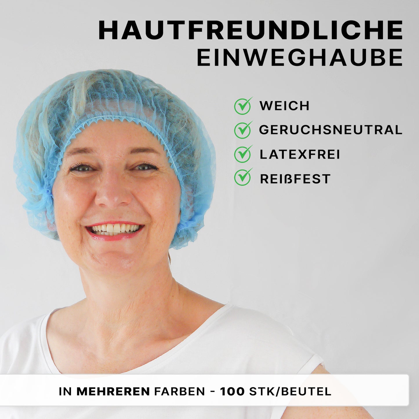 A smiling older woman wears the ARNOMED COVER PP-CLIP CAP XL from ARNOWA GmbH (55cm circumference). The skin-friendly, soft disposable clip cap made of PP fleece is latex-free, tear-resistant, ideal for hygiene. Various colors, 100 pieces/bag.