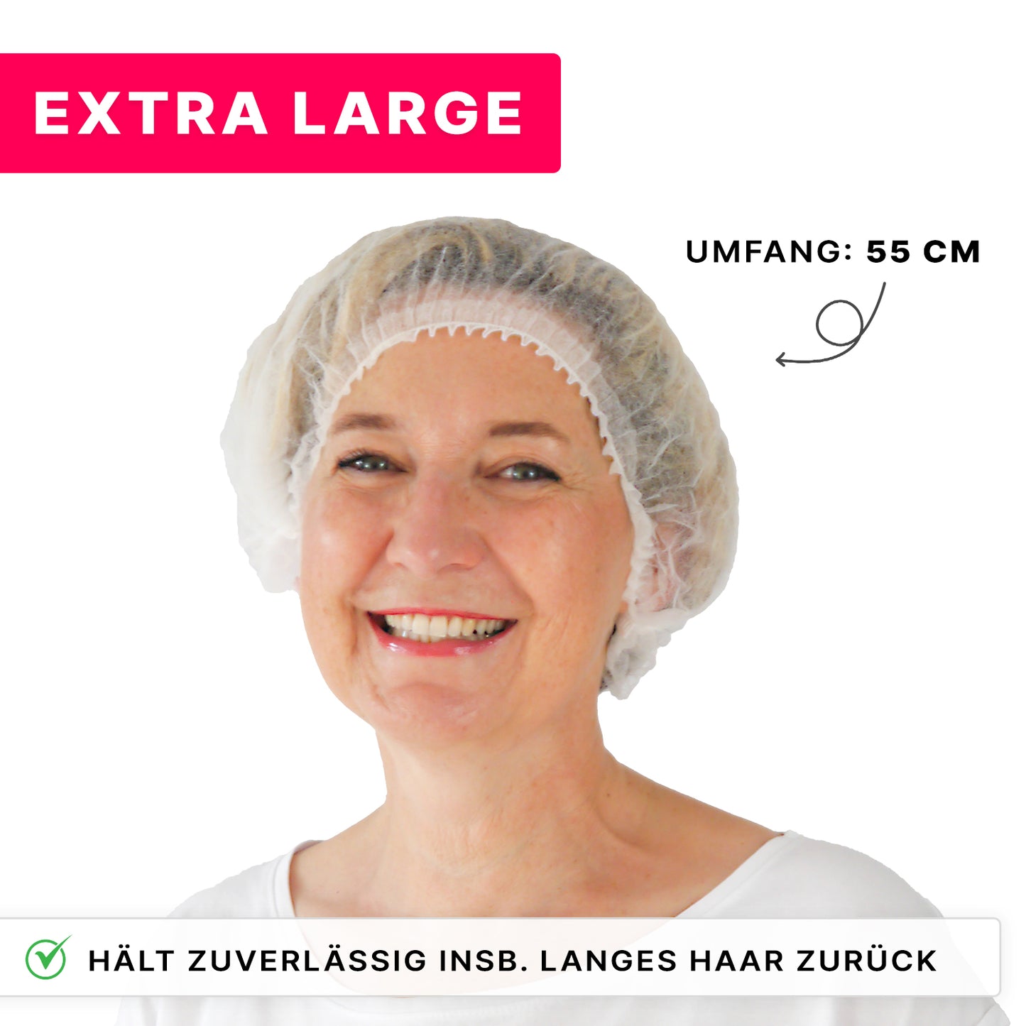 A person smiles and wears the ARNOMED COVER PP-CLIP CAP XL disposable clip cap made of PP fleece (55cm circumference) from ARNOWA GmbH. "EXTRA LARGE" and a checkmark emphasize: "Reliably holds back especially long hair - for the best hygiene.