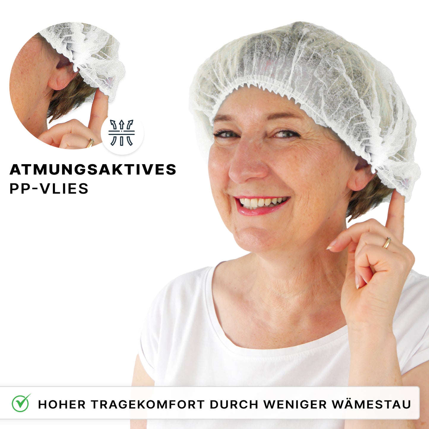 Smiling older woman wears the ARNOMED COVER PP-CLIP CAP XL (55cm, ARNOWA GmbH). The German text highlights the breathable PP fleece for maximum hygiene and comfort with minimal heat build-up.