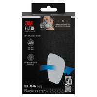 The image shows a package of 3M™ Particle Filters 5925, P2 (10 pairs/package) from 3M Deutschland GmbH. The predominantly black packaging highlights protection against dust and product details, and features a person wearing a mask with the inscription "Over 50 Years of Science-Operated Protection."