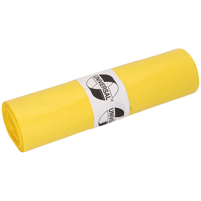 Eine Rolle DEISS Abfallsäcke 575x1000x0,018 mm aus HDPE 50 l von EMIL DEISS KG (GmbH + Co.), gelbe Säcke mit weißem Etikett und schwarzem "Universal"-Logo auf weißem Grund.