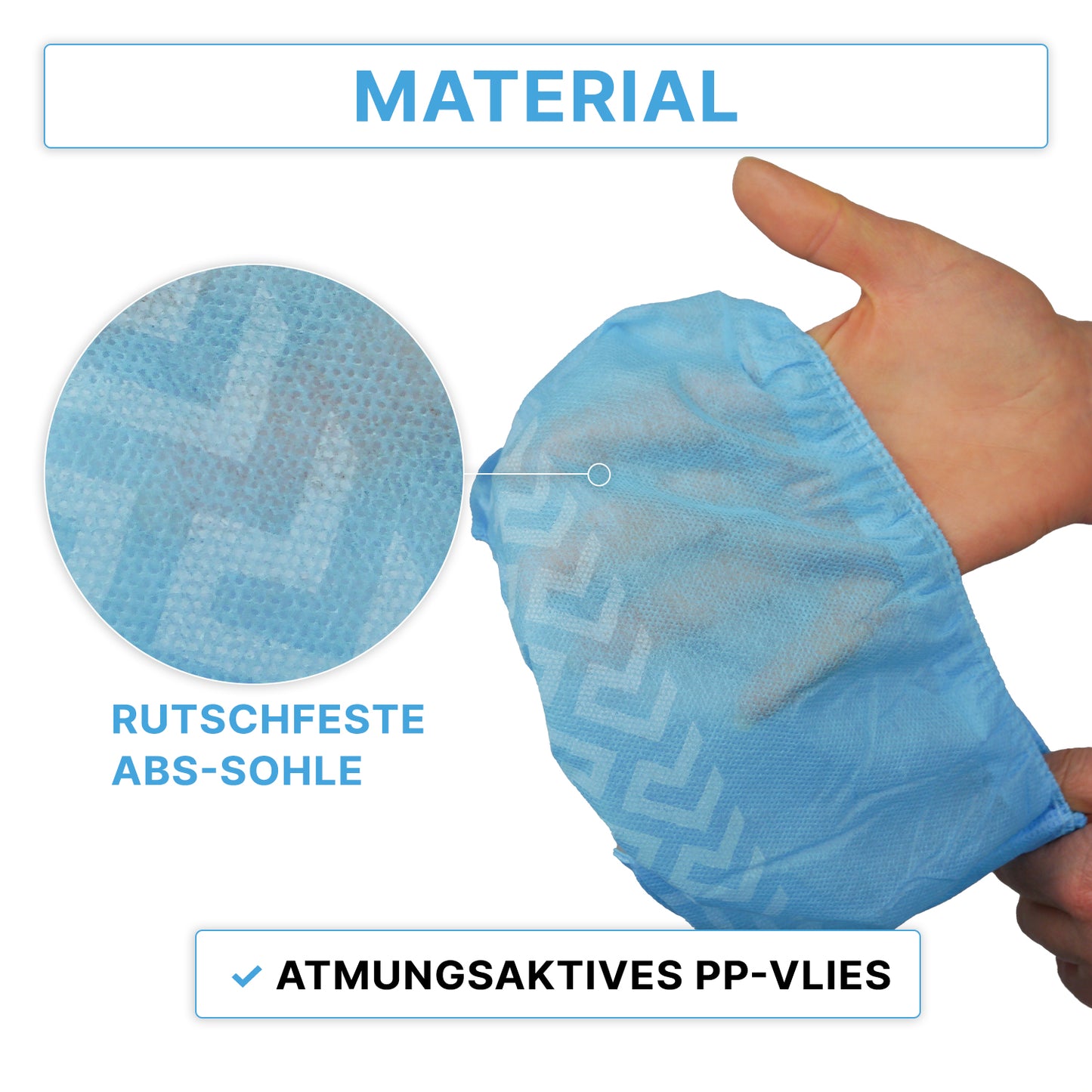 Eine Hand hält einen ARNOMED ABS Schuhüberzieher, Einweg (ARNOWA GmbH). Ein vergrößerter Kreis zeigt die rutschfest strukturierte Sohle. Text: "Rutschfeste ABS-Sohle" und "Atmungsaktives PP-Vlies". Packung enthält 100 Stück.