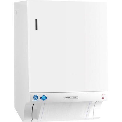 Il distributore di asciugamani in tessuto CWS ParadiseLine Dry Slim Non-Touch, incluso il pannello bianco, garantisce un'erogazione igienica degli asciugamani grazie al funzionamento senza contatto.