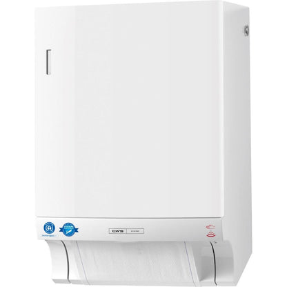 Il distributore di asciugamani in tessuto CWS ParadiseLine Dry Slim Non-Touch (bianco, 1 pezzo) è un distributore a parete per l'erogazione igienica degli asciugamani con piastra di sospensione visibile e adesivo di certificazione sulla parte inferiore sinistra del pannello frontale.