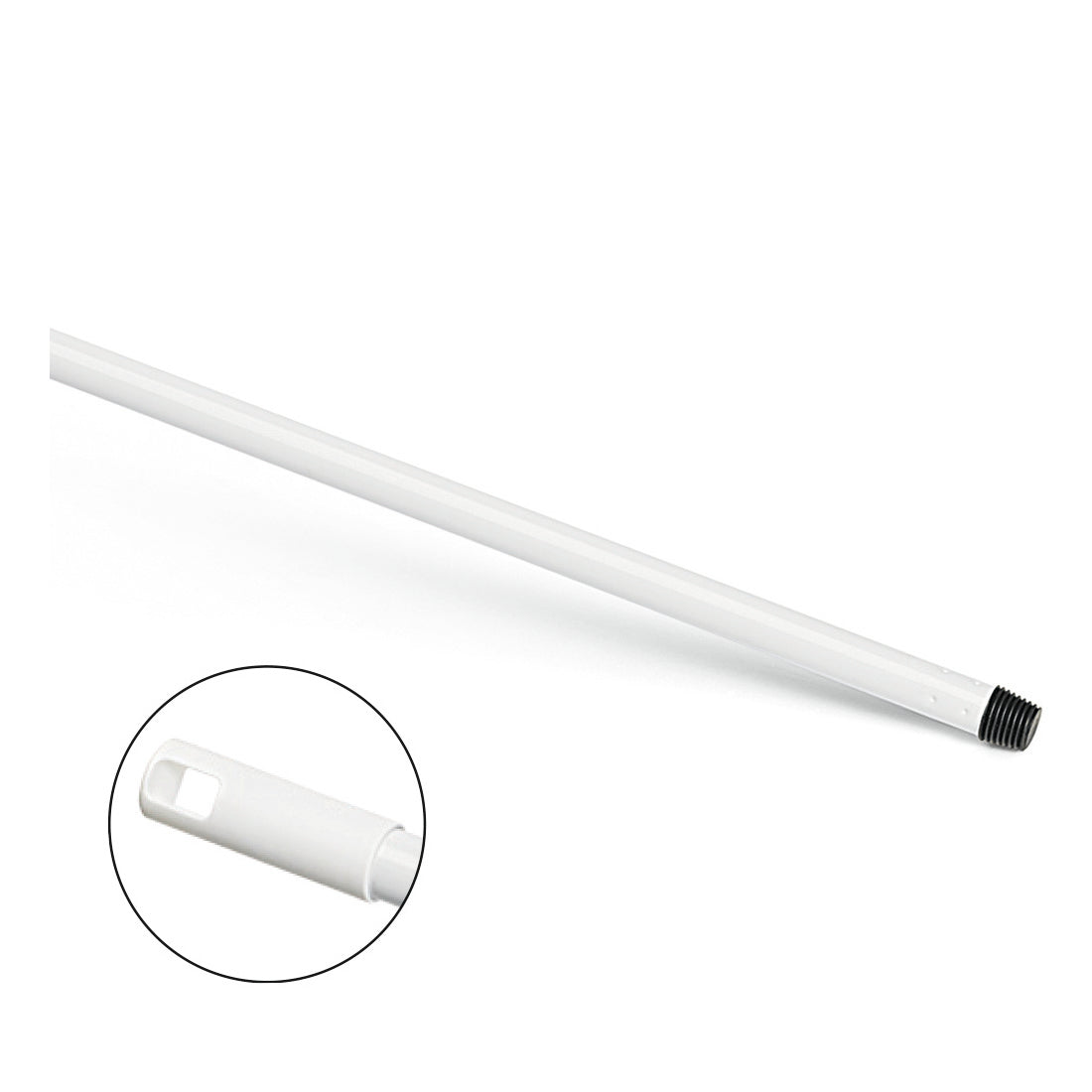 Pictured is a Nölle Profi Brush metal handle 140 cm, extra strong with thread (Nölle Profi Brush brush & paintbrush technology e.K.), against a white background. A close-up highlights the oval hole at the end of the handle opposite the threaded side.
