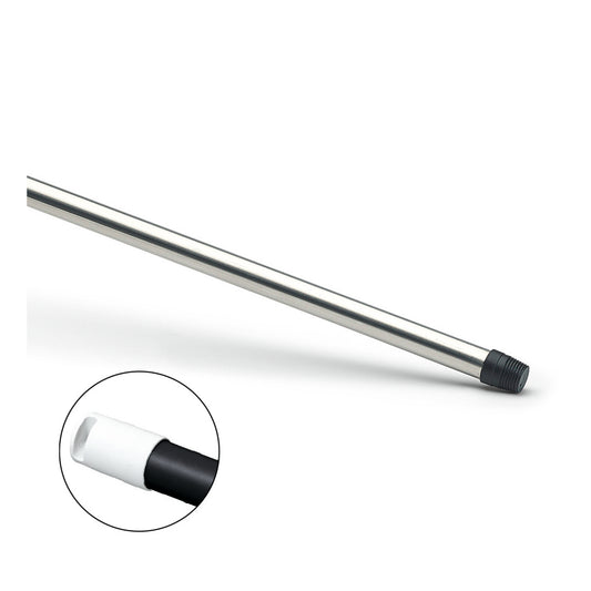 Der Nölle Profi Brush Aluminium-Stiel 140 cm, teilummantelt mit Gewinde (1 Stück) von Nölle Profi Brush Bürsten- & Pinseltechnik e.K. ist schräg auf weißem Grund abgebildet, mit einem eingeschnittenen Kreis, der das Gewindeende in Nahaufnahme zeigt.