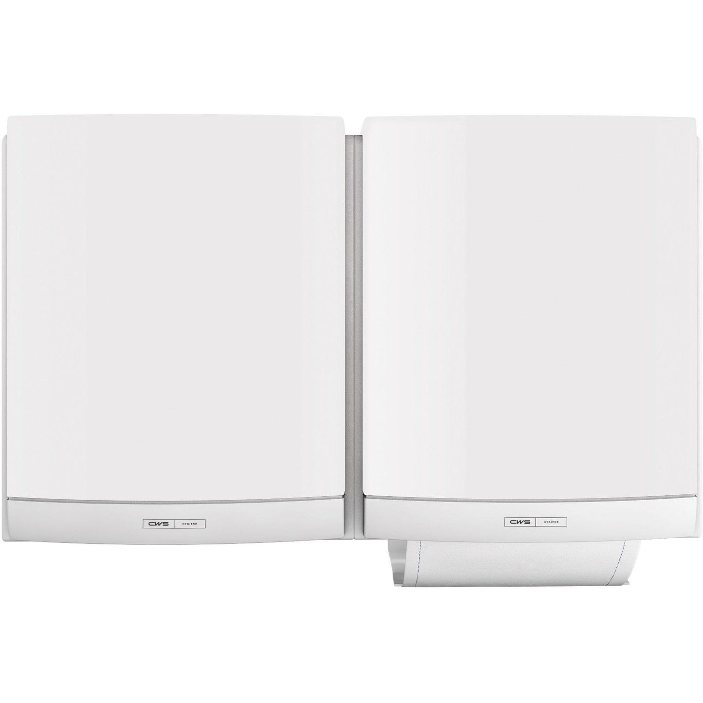 Due distributori di asciugamani in tessuto CWS ParadiseLine bianchi DUO, inclusi pannelli, sono montati fianco a fianco. Il distributore di destra mostra un asciugamano parzialmente erogato e offre una soluzione igienica con piccole etichette vicino al pavimento. Marca: CWS.