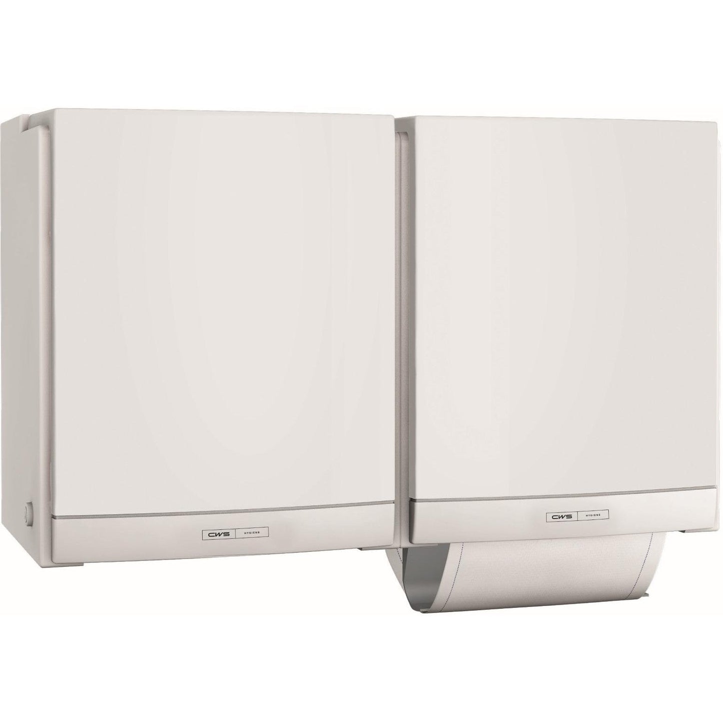 Due distributori di asciugamani in tessuto CWS ParadiseLine bianchi DUO, montati fianco a fianco sulla parete e dotati di etichette, offrono un'opzione ecologica per una soluzione igienica nel bagno.