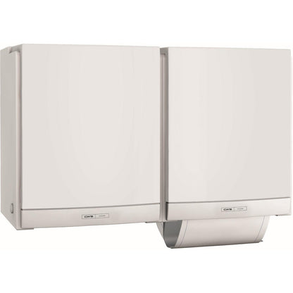 Due distributori di asciugamani in tessuto CWS ParadiseLine bianchi DUO, montati fianco a fianco sulla parete e dotati di etichette, offrono un'opzione ecologica per una soluzione igienica nel bagno.